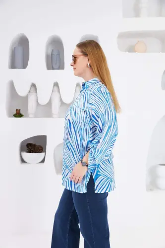 Patterned Sleeve Detail Plus Size Shirt Blue - 4