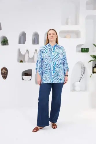 Patterned Sleeve Detail Plus Size Shirt Blue - 5