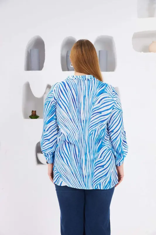 Patterned Sleeve Detail Plus Size Shirt Blue - 7