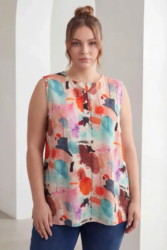 Patterned Sleeveless Plus Size Blouse Coral - BÜYÜKBEDENIZ