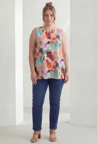 Patterned Sleeveless Plus Size Blouse Coral - 4