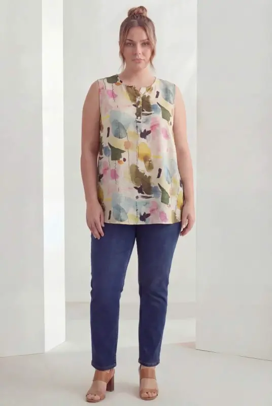 Patterned Sleeveless Plus Size Blouse Khaki - 2