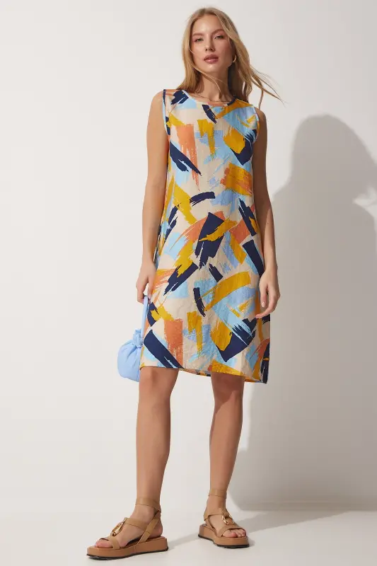 Patterned Summer Bell Dress-Blue Cream - 2