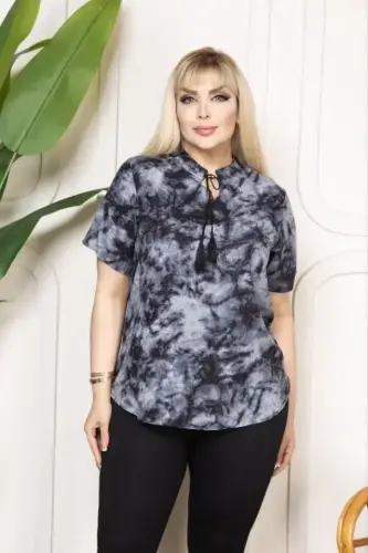 Patterned Tasseled Viscose Blouse Peter Pan Collar Short Sleeves Plus Size Relaxed Fit - Patterned - BÜYÜKBEDENIZ (1)