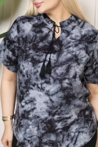 Patterned Tasseled Viscose Blouse Peter Pan Collar Short Sleeves Plus Size Relaxed Fit - Patterned - 4