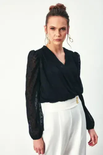 Patterned V-neck Bodysuit Blouse - BLACK - 5