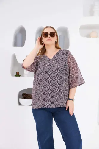 Patterned V-Neck Plus Size Chiffon Blouse Navy Blue - 1