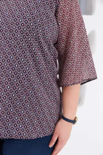 Patterned V-Neck Plus Size Chiffon Blouse Navy Blue - BÜYÜKBEDENIZ (1)