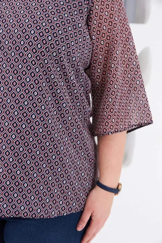 Patterned V-Neck Plus Size Chiffon Blouse Navy Blue - 2