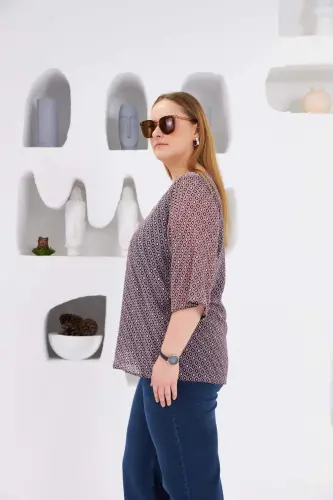 Patterned V-Neck Plus Size Chiffon Blouse Navy Blue - 3