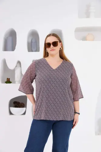 Patterned V-Neck Plus Size Chiffon Blouse Navy Blue - 4