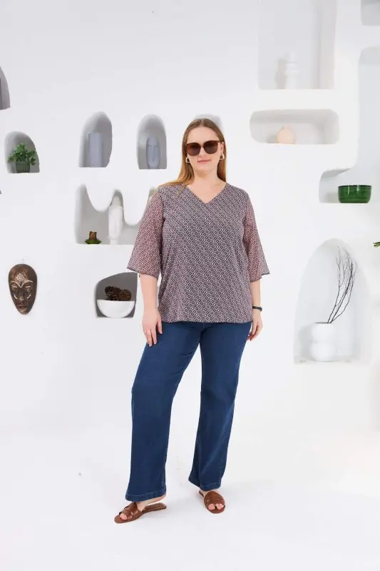 Patterned V-Neck Plus Size Chiffon Blouse Navy Blue - 5