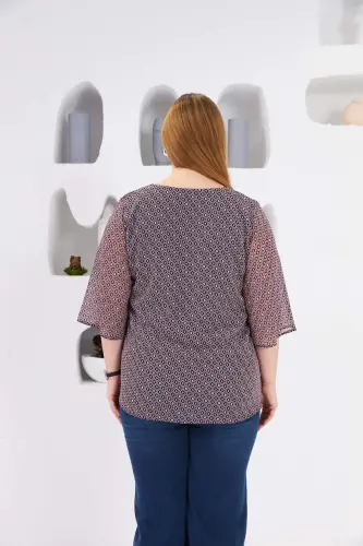 Patterned V-Neck Plus Size Chiffon Blouse Navy Blue - 6