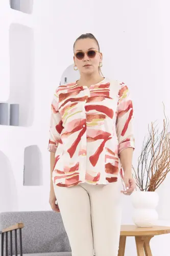 Patterned Voile Viscose Plus Size Buttoned Brick Red Blouse - 1