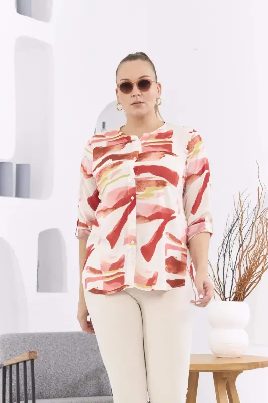 Patterned Voile Viscose Plus Size Buttoned Brick Red Blouse - 1