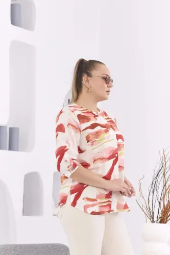 Patterned Voile Viscose Plus Size Buttoned Brick Red Blouse - BÜYÜKBEDENIZ (1)