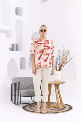 Patterned Voile Viscose Plus Size Buttoned Brick Red Blouse - 7