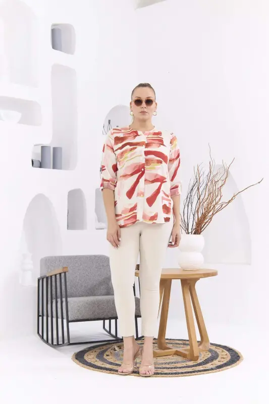 Patterned Voile Viscose Plus Size Buttoned Brick Red Blouse - 7