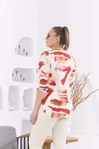 Patterned Voile Viscose Plus Size Buttoned Brick Red Blouse - 4