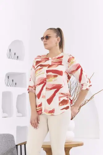 Patterned Voile Viscose Plus Size Buttoned Brick Red Blouse - 3