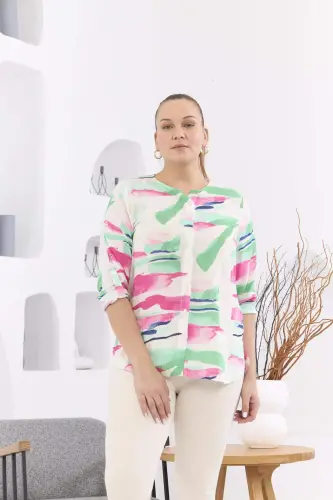 Patterned Voile Viscose Plus Size Buttoned Green Blouse - 1