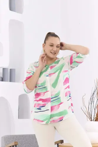 Patterned Voile Viscose Plus Size Buttoned Green Blouse - 3