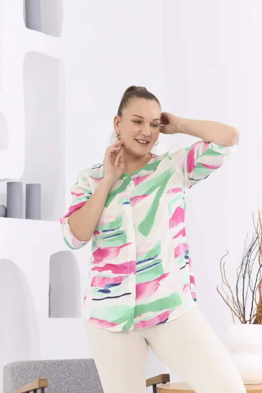 Patterned Voile Viscose Plus Size Buttoned Green Blouse - 3