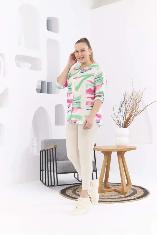 Patterned Voile Viscose Plus Size Buttoned Green Blouse - 4