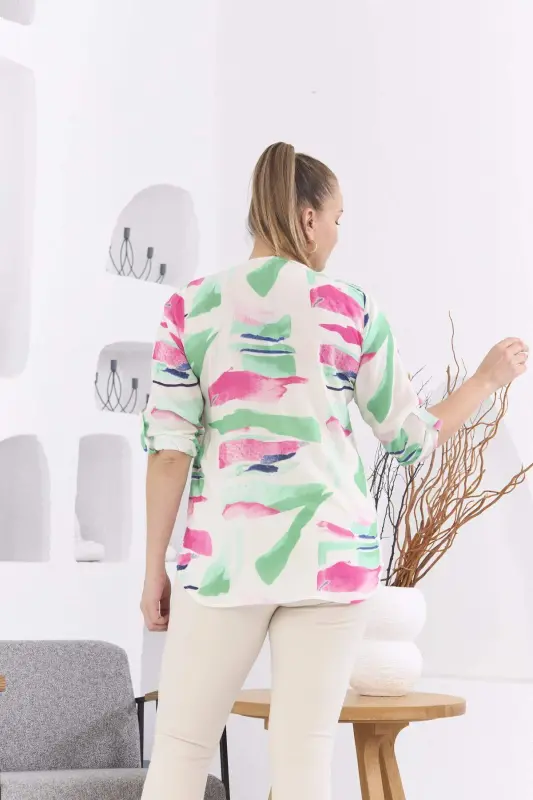 Patterned Voile Viscose Plus Size Buttoned Green Blouse - 5