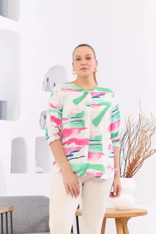 Patterned Voile Viscose Plus Size Buttoned Green Blouse - BÜYÜKBEDENIZ