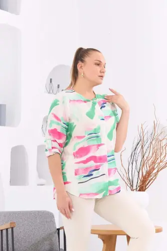Patterned Voile Viscose Plus Size Buttoned Green Blouse - BÜYÜKBEDENIZ (1)