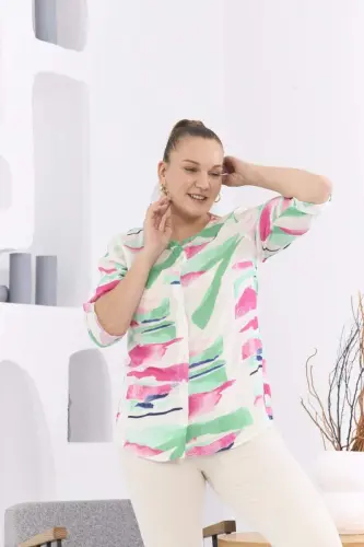 Patterned Voile Viscose Plus Size Buttoned Green Blouse - 3
