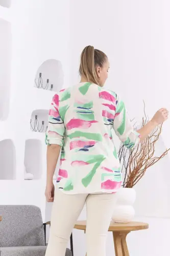 Patterned Voile Viscose Plus Size Buttoned Green Blouse - 5