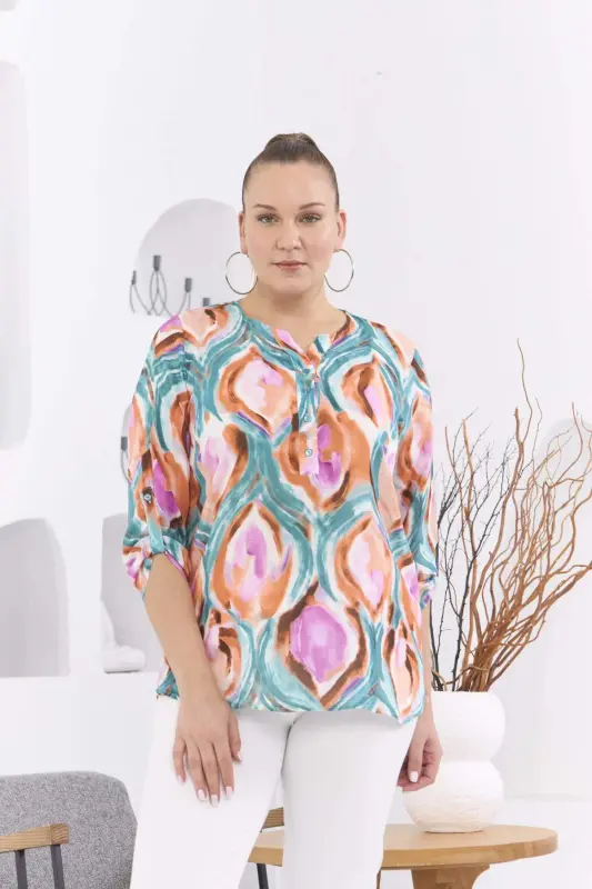 Patterned Voile Viscose Plus Size Epaulette Detailed Brick Red Blouse - BÜYÜKBEDENIZ