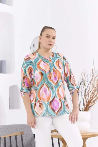 Patterned Voile Viscose Plus Size Epaulette Detailed Brick Red Blouse - BÜYÜKBEDENIZ (1)