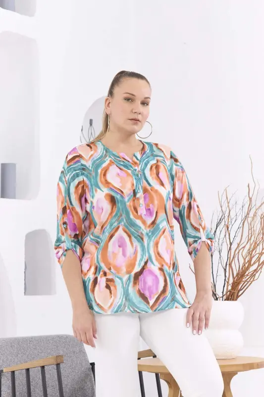 Patterned Voile Viscose Plus Size Epaulette Detailed Brick Red Blouse - 2