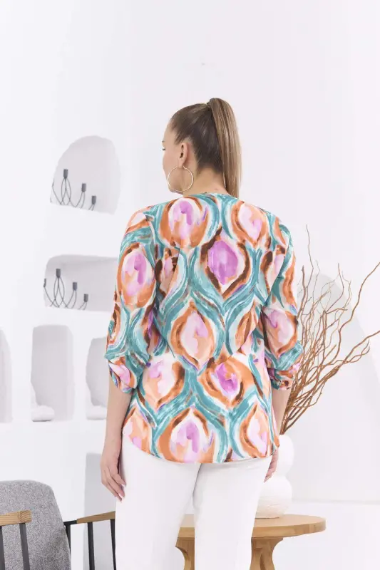 Patterned Voile Viscose Plus Size Epaulette Detailed Brick Red Blouse - 4