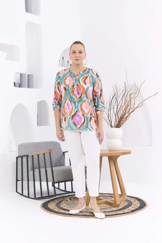 Patterned Voile Viscose Plus Size Epaulette Detailed Brick Red Blouse - 5