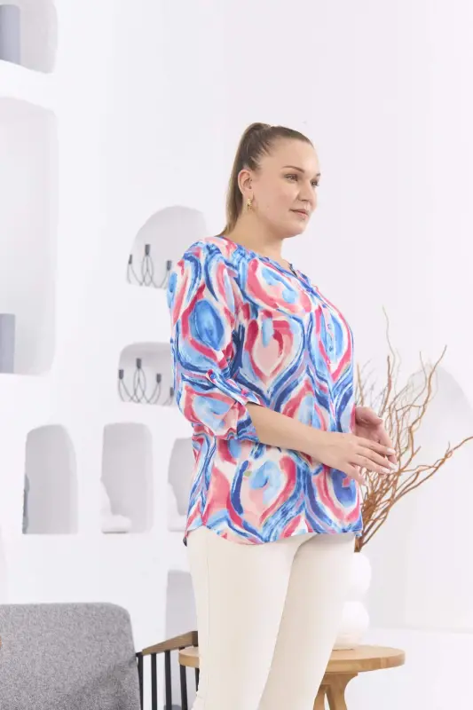 Patterned Voile Viscose Plus Size Sleeve Epauletted Blue Blouse - 6