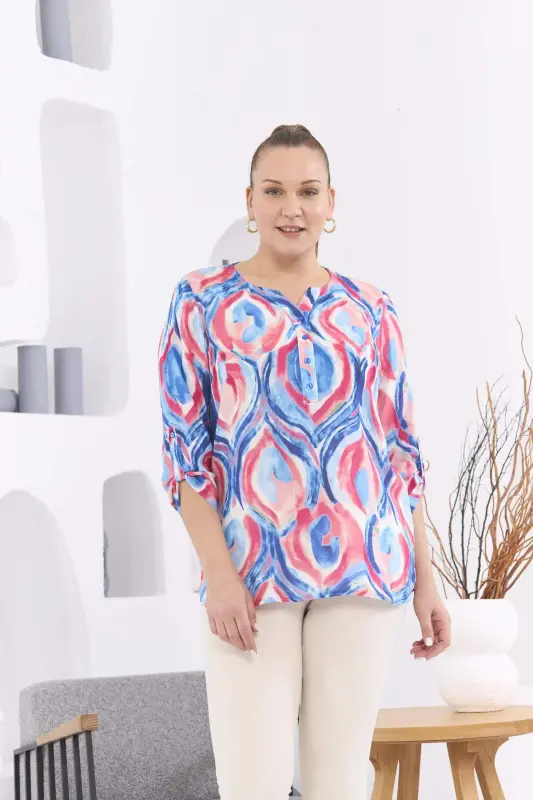 Patterned Voile Viscose Plus Size Sleeve Epauletted Blue Blouse - 1