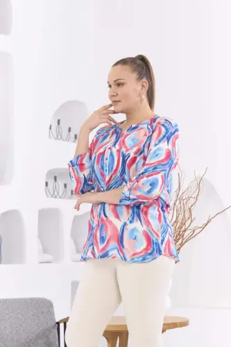 Patterned Voile Viscose Plus Size Sleeve Epauletted Blue Blouse - 9