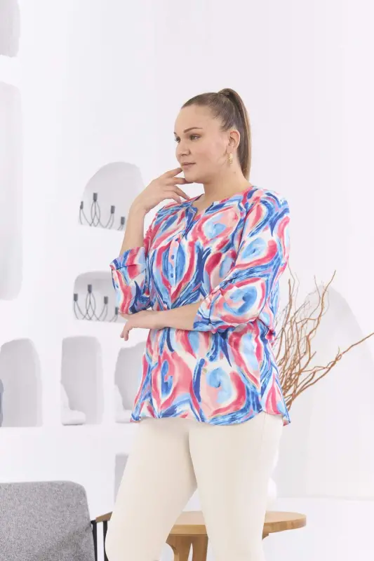 Patterned Voile Viscose Plus Size Sleeve Epauletted Blue Blouse - 3