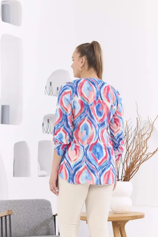 Patterned Voile Viscose Plus Size Sleeve Epauletted Blue Blouse - 7