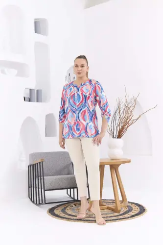 Patterned Voile Viscose Plus Size Sleeve Epauletted Blue Blouse - 4