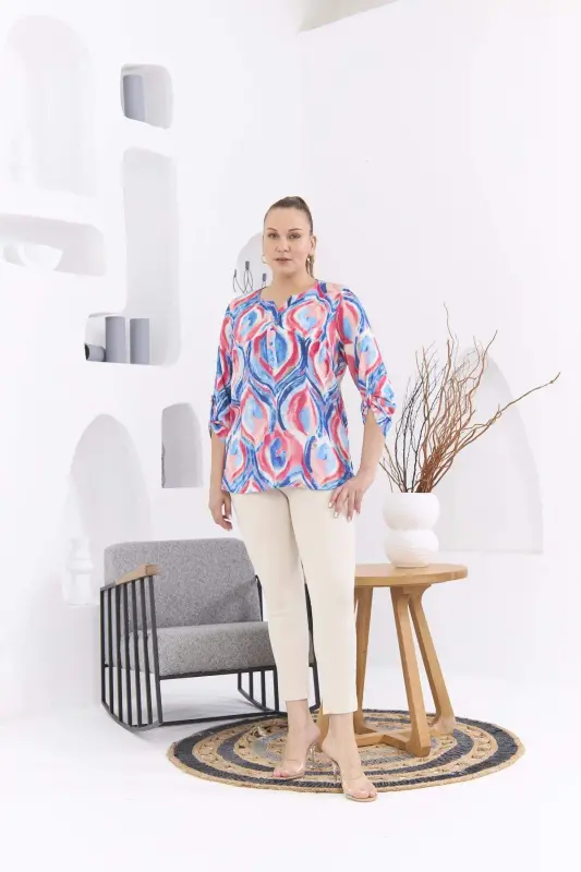 Patterned Voile Viscose Plus Size Sleeve Epauletted Blue Blouse - 4