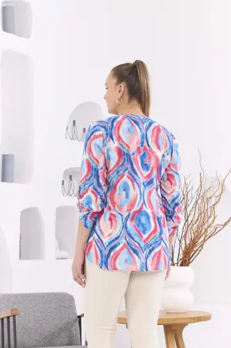 Patterned Voile Viscose Plus Size Sleeve Epauletted Blue Blouse - 5