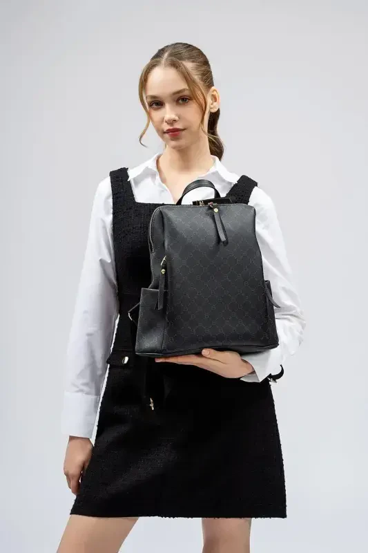 Patterned Women's Large Backpack-Black - 1