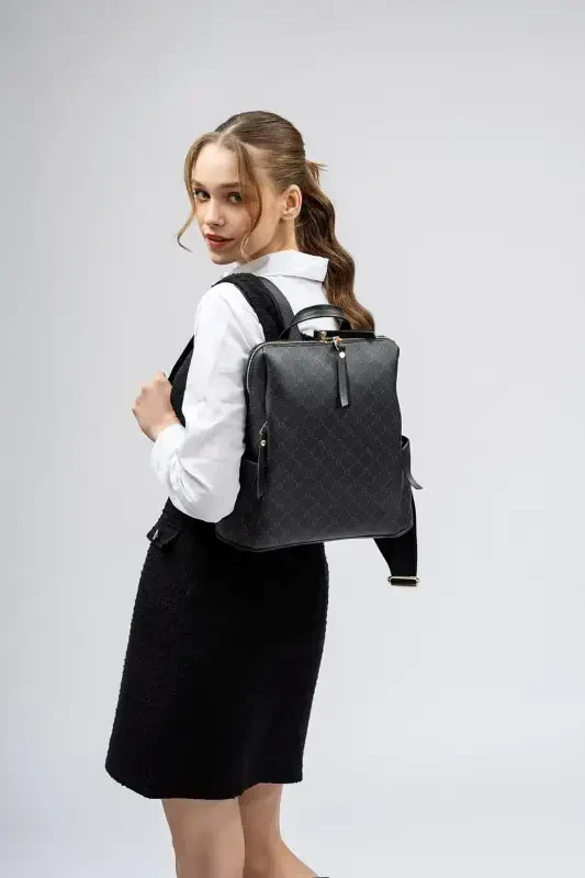 Patterned Women's Large Backpack-Black - 2