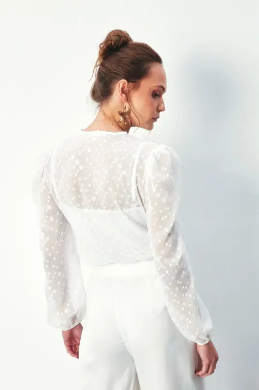 Patterned Wrap Bodysuit Blouse - ECRU-ECRU - 8