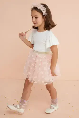 Pauline - Girl's Tulle Skirt with Salmon Butterfly Applique - 1